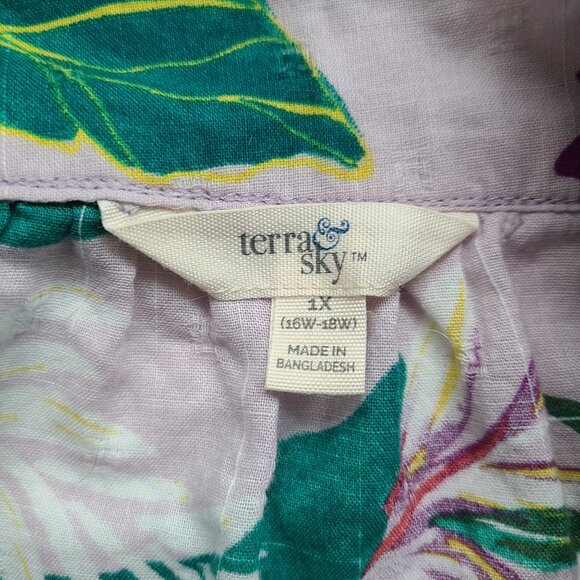 Ruffle Sleeve Peasant Top 1X Terra & Sky Tropical Floral Spring Cotton - Picture 6 of 8